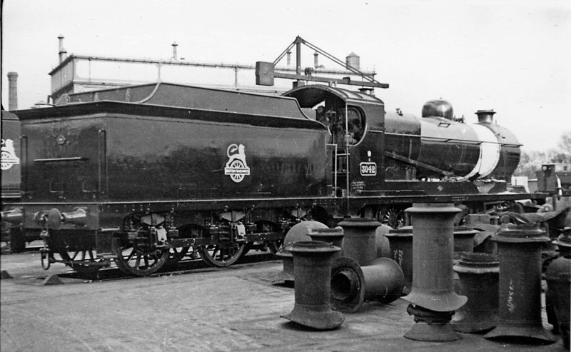 ROD tender behind loco 3042, Swindon, 22 February 1953